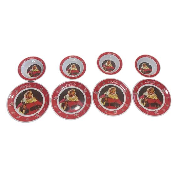 Gibson‎ Melamine  Christmas Santa Coca-Cola Dinnerware 4 Plates & Bowls - Picture 1 of 15